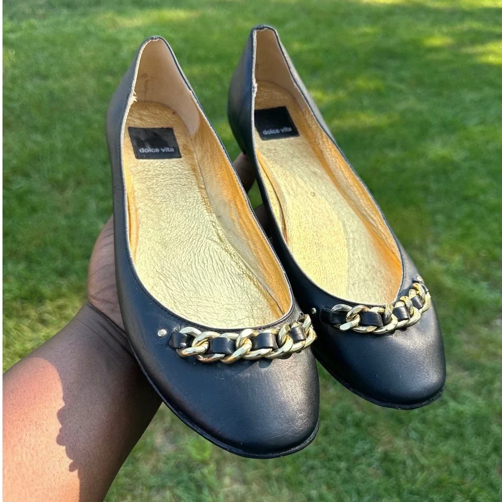 Dolce Vita Women's Chain Link Accent Ballet‎ Leather Flats Size 9 Black